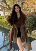 Brown shot waist padded coat with faux fur
