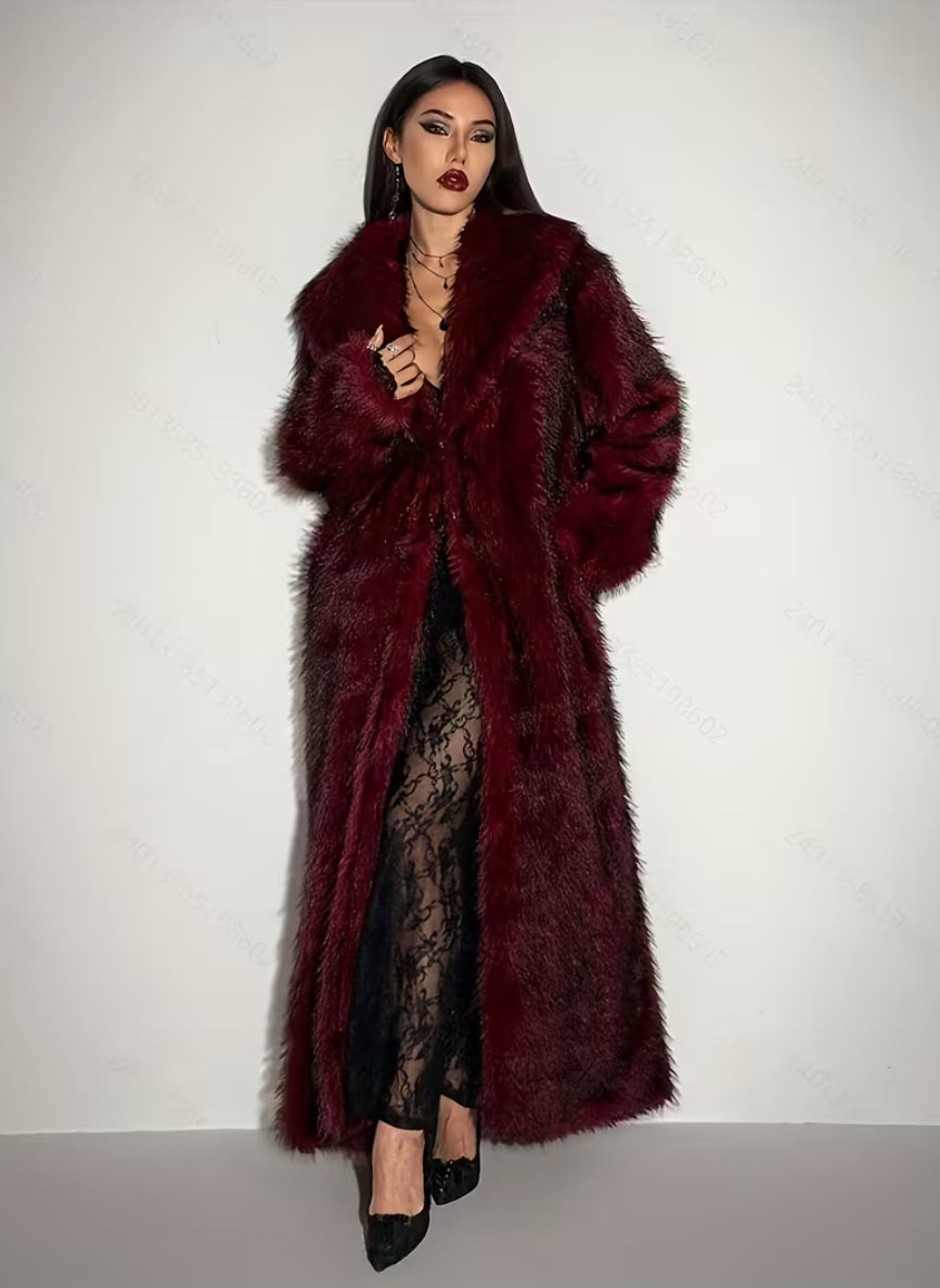 Burgundy long waist padded coat with faux fur