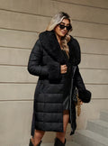 Black long waist padded coat with faux fur