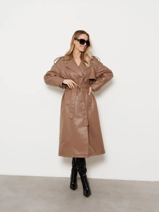 Brown leather overcoat