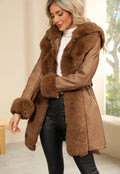 Light brown long waist padded coat with faux fur
