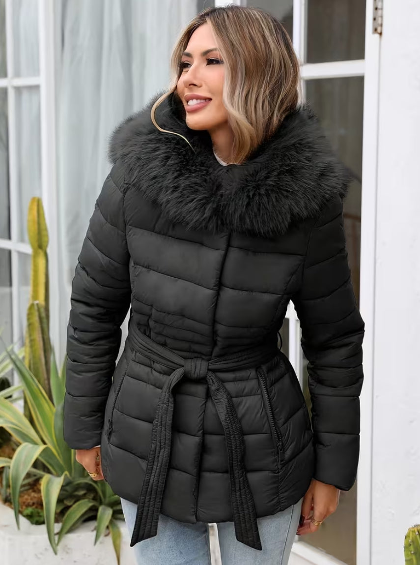 Black long waist padded coat with faux fur