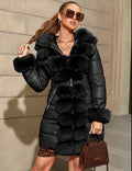 Black long waist padded coat with faux fur