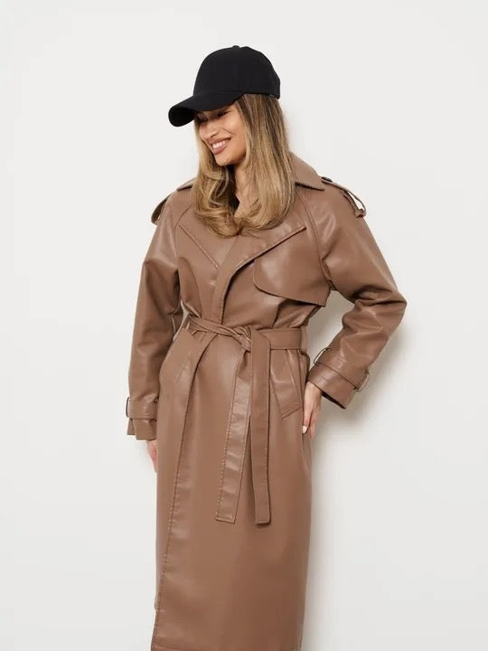 Brown leather overcoat