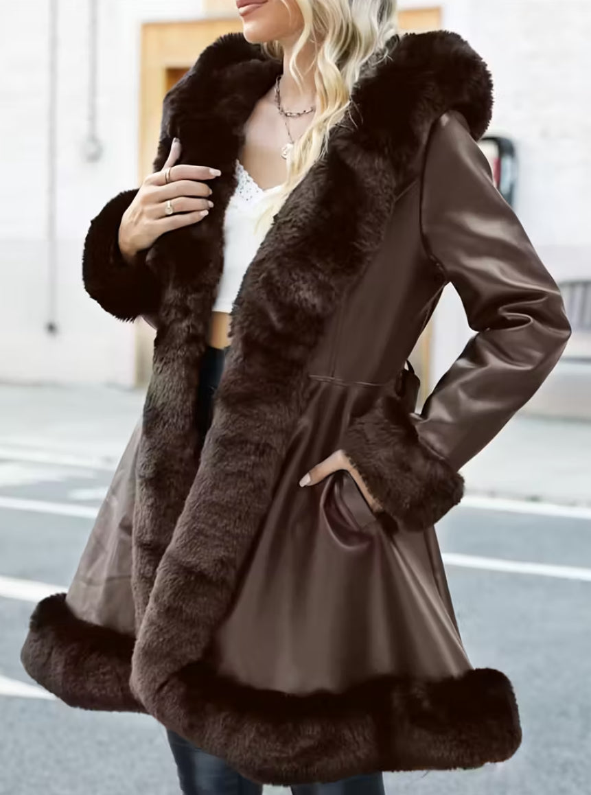 Brown long waist padded coat with faux fur
