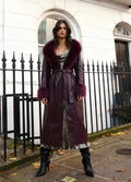 Burgundy long waist padded coat with faux fur