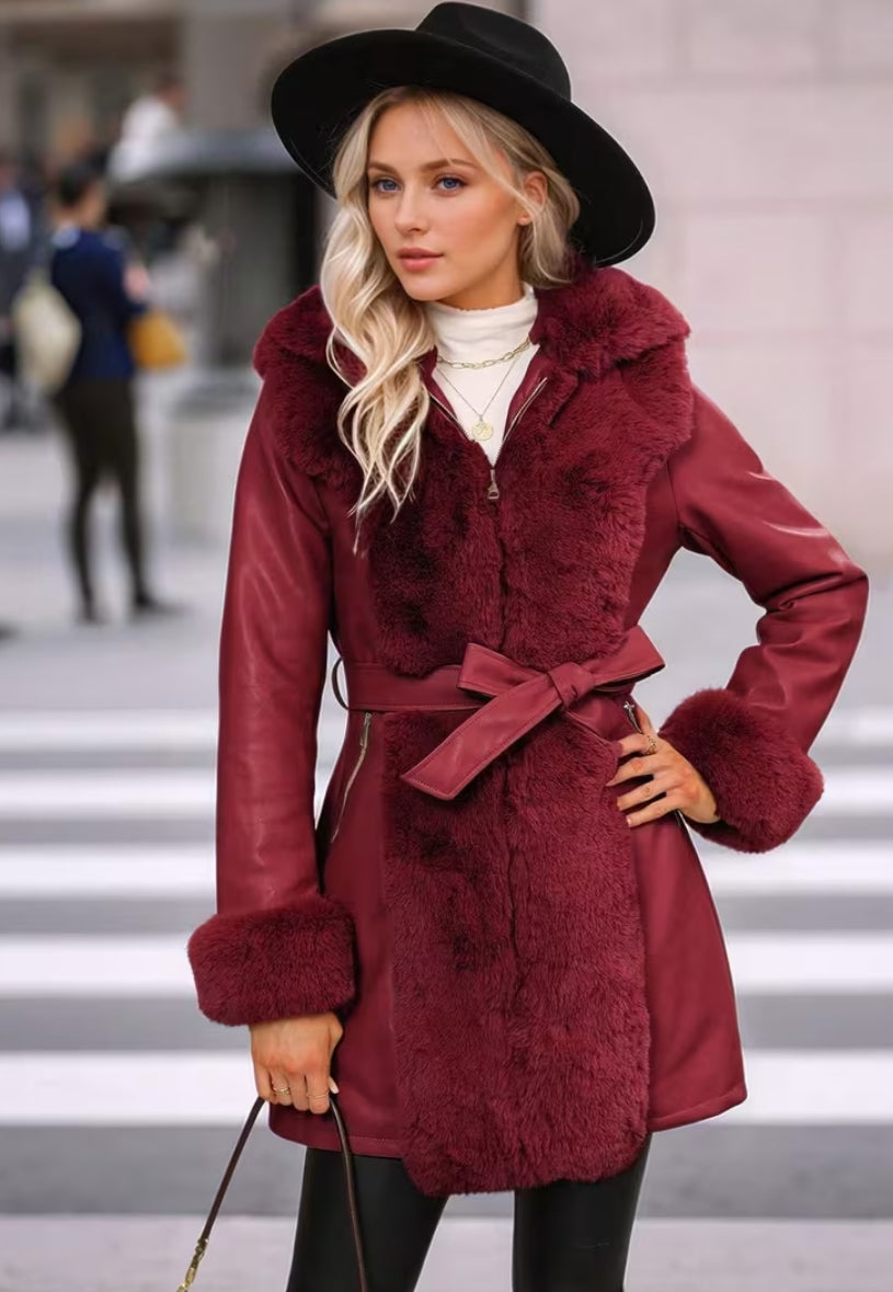 Red short waist padded coat with faux fur