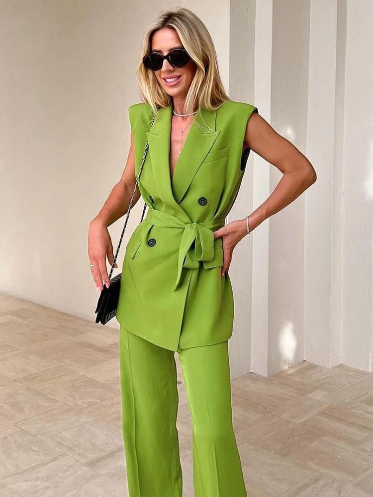 Neon green sleeveless coat and pant